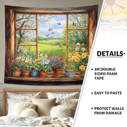 Spring Garden Window Tapestry, Sage Green Country Flower Wall Hanging For Nature Landscape Decor, Butterfly And Blue Sky Aesthetic Decorative For Women Living Room And Bedroom Office 50x60 Inch in Saudi Arabia
