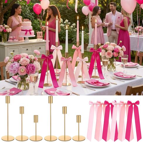 مجموعتان (6 قطع) من حاملات الشموع مع قوس شريطي متدرج وردي، وحوامل شمعدان معدنية نحاسية ذهبية للشموع المستدقة، قطعة مركزية للشمعدانات المزخرفة الحديثة العتيقة لتزيين طاولة الزفاف in Kuwait