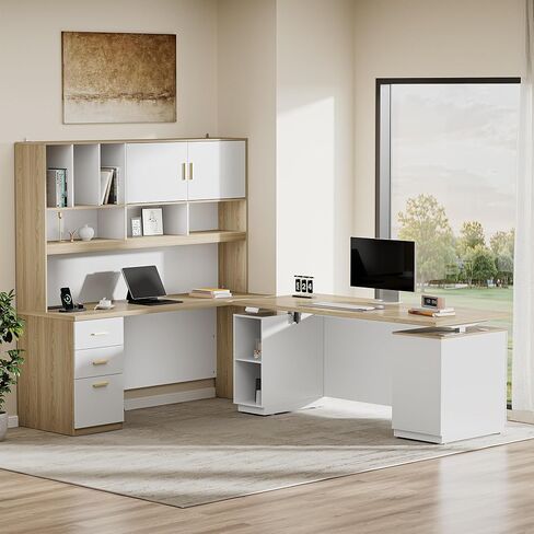 مكتب كهربائي قائم مقاس 71 بوصة، مجموعة أثاث مكتب تنفيذي مقاس 72.8 بوصة مع كوخ، لوحة خصوصية كبيرة لسطح المكتب من قطعة واحدة للمكتب المنزلي، محطة شحن، خزانة ملفات، خشب الجوز الخفيف in Kuwait