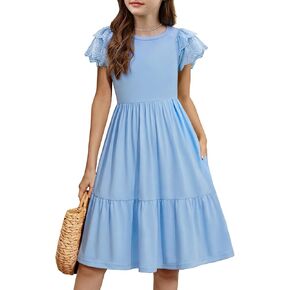 Arshiner Girls Summer Dresses Casual Flutter Sleeve A-Line Midi Dress with Pockets for 6-14 Years in Kuwait