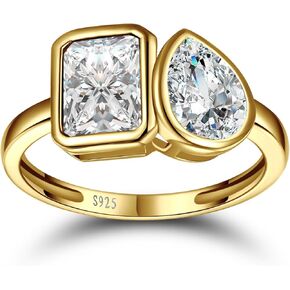 6x8mm 3.5CT Toi Et Moi Ring 925 الفضة الاسترليني 14K خاتم الخطوبة مطلي بالذهب للنساء خاتم حجر مزدوج الزمرد والكمثرى قطع مكعب زركونيا خاتم الزفاف عرض الفرقة 1.9 ملم - الحجم 5-9 in Kuwait