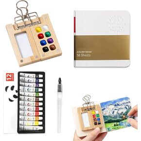 مجموعة ألوان مائية صغيرة للجيب مجموعة ألوان مائية للفنانين مع لوحة طلاء صغيرة وفرش و12 لونًا وكتاب رسم ألوان مائية للطلاب الرسامين الفنانين (الخيزران) in Kuwait