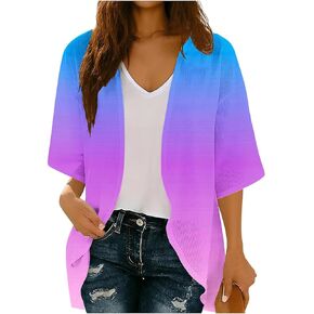 Womens Floral Chiffon Kimono Cardigan Long Flowy Beach Cover-Ups Half Sleeve Solid Tie Dye Striped Tropical Floral in Saudi Arabia