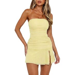 Women Strapless Tube Mini Dress Bodycon Dress Summer Side Slit Mesh Hem Cocktail Club Party Short Dresses in Saudi Arabia