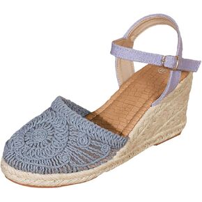 صنادل نسائية من القطن بكعب عريض أحذية صيفية للشاطئ من الكروشيه مصنوعة من الكتان الطبيعي ومغلقة من الأمام in Kuwait