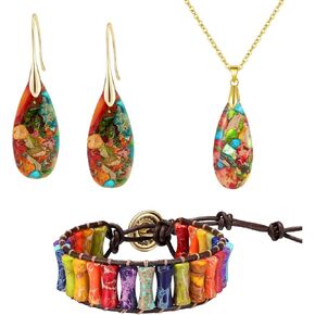 Healing Stone Series Set: Colorful Gold Earrings + Colorful Gold Necklace + Healing Bracelet in Kuwait