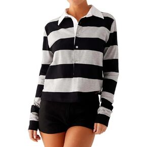 سويت شيرت بولو مخطط للنساء، قمصان كبيرة الحجم بأكمام طويلة للرجبي، أزياء الخريف، فضفاضة، كتلة الألوان، بلوفر علوي in Kuwait