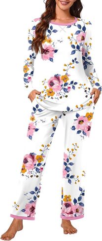Bestbee Womens 2 Piece Pajama Set Plus Size, Lounge Outfits Soft Sleepwear Crew Neck Long Sleeve With Pockets Ladies Pjs, 2XL, Pink Flower-white/Pink in Kuwait