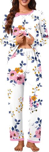 Bestbee Womens 2 Piece Pajama Set Plus Size, Lounge Outfits Soft Sleepwear Crew Neck Long Sleeve With Pockets Ladies Pjs, 2XL, Pink Flower-white/Pink in Kuwait