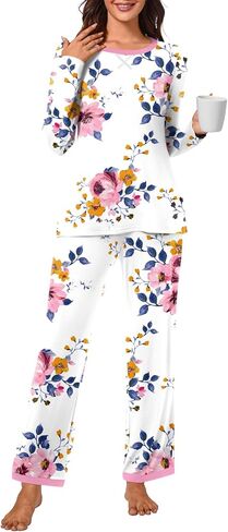 Bestbee Womens 2 Piece Pajama Set Plus Size, Lounge Outfits Soft Sleepwear Crew Neck Long Sleeve With Pockets Ladies Pjs, 2XL, Pink Flower-white/Pink in Kuwait