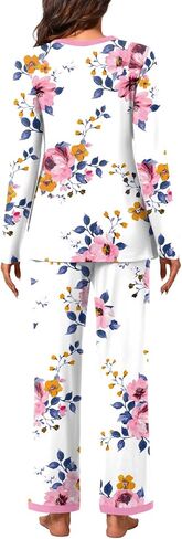 Bestbee Womens 2 Piece Pajama Set Plus Size, Lounge Outfits Soft Sleepwear Crew Neck Long Sleeve With Pockets Ladies Pjs, 2XL, Pink Flower-white/Pink in Kuwait