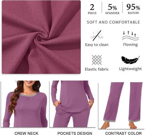 Bestbee Womens 2 Piece Pajama Set Plus Size, Lounge Outfits Soft Sleepwear Crew Neck Long Sleeve With Pockets Ladies Pjs, 2XL, Pink Flower-white/Pink in Kuwait