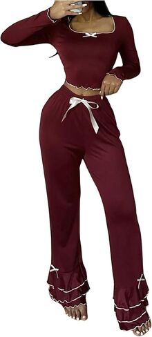 Women's Two Piece Bow Pajama Set Long Sleeve Crop Top Layered Ruffle Pants Pjs Sleepwear in Saudi Arabia