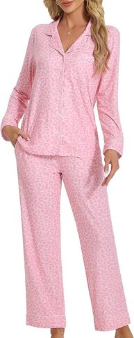 U2SKIIN Leopard Print Pajamas for Women Notch Collar Long Sleeve Pjs Button Down Soft Sleepwear 2 Piece Lounge Sets in Saudi Arabia