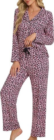 U2SKIIN Leopard Print Pajamas for Women Notch Collar Long Sleeve Pjs Button Down Soft Sleepwear 2 Piece Lounge Sets in Saudi Arabia