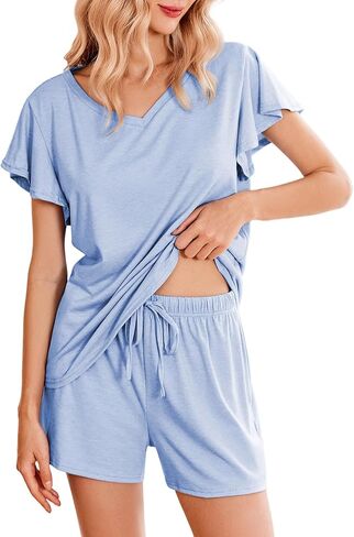 طقم بيجامات Ekouaer للسيدات بأكمام مكشكشة كاجوال وناعمة ومريحة مع جيوب in Saudi Arabia