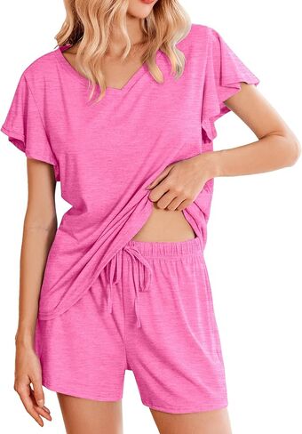طقم بيجامات Ekouaer للسيدات بأكمام مكشكشة كاجوال وناعمة ومريحة مع جيوب in Saudi Arabia