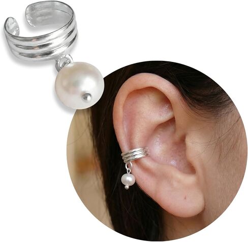925 Sterling Silver SINGLE - For ONE Ear - Tiny Wide Band and Pearl Ear Cuff for Non-Pierced Ear for Women | Handmade by MiYa Jewelry Creations in Kuwait