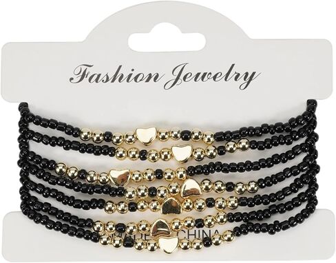 Multi - Layer Beaded Bracelet Set for Women, Colorful Stackable Stretch Bracelets with Gold Heart & Bead Accents, Fashion Jewelry in Multiple Colors for Daily Wear & Gifting in Saudi Arabia