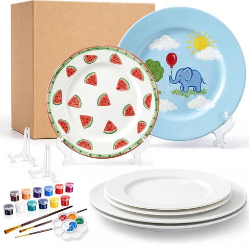 Vesici Paint Your Own Ceramic Plates Kit Includes 4 Porcelain Plates, 3 Paint Brushes and 12 Acrylic Paints & 1 Black Gift Box & 1 Palette Paintable for Birthday Christmas DIY Gifts Adults (7 Inch) in Saudi Arabia