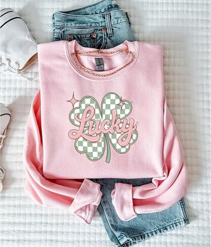 St. Patrick’s Day Sweatshirt for Women, St. Patrick’s Day Lucky Crewneck, Lucky Sweatshirt for Women Light Pink in Saudi Arabia