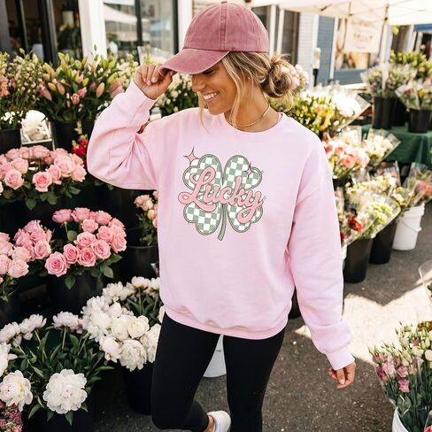 St. Patrick’s Day Sweatshirt for Women, St. Patrick’s Day Lucky Crewneck, Lucky Sweatshirt for Women Light Pink in Saudi Arabia