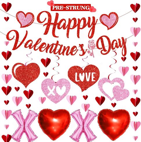 Pre-Strung Happy Galentines Day Banner Decorations, No DIY Galentines Decorations Red Pink Glitter Galentines Banner Sign Garland Hanging Swirls Balloons Ladies Girls Galentine’s Day Party Supplies in Saudi Arabia