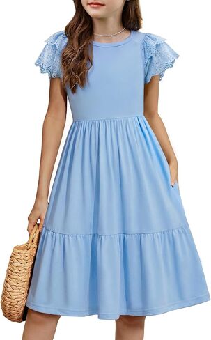 Arshiner Girls Summer Dresses Casual Flutter Sleeve A-Line Midi Dress with Pockets for 6-14 Years in Kuwait