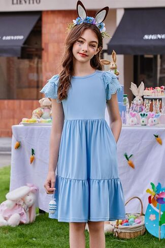 Arshiner Girls Summer Dresses Casual Flutter Sleeve A-Line Midi Dress with Pockets for 6-14 Years in Kuwait