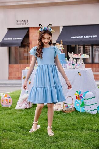 Arshiner Girls Summer Dresses Casual Flutter Sleeve A-Line Midi Dress with Pockets for 6-14 Years in Kuwait