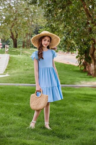 Arshiner Girls Summer Dresses Casual Flutter Sleeve A-Line Midi Dress with Pockets for 6-14 Years in Kuwait