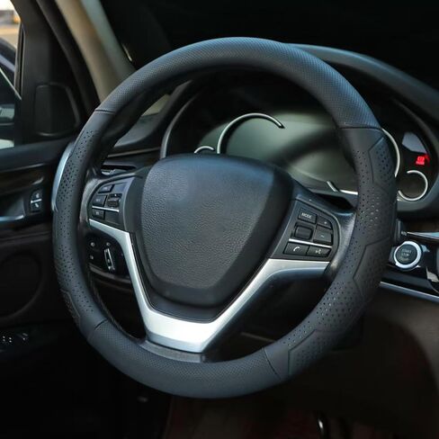 Leather Steering Wheel Cover for Chevy Silverado 1500 2500 3500, for GMC Sierra 1500 2500 3500, for Toyota RAV4 Corolla Camry, for Jeep Wrangler Grand Cherokee Compass, 14.5-15 inch (Black) in Saudi Arabia