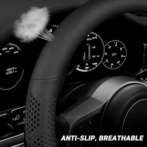 Leather Steering Wheel Cover for Chevy Silverado 1500 2500 3500, for GMC Sierra 1500 2500 3500, for Toyota RAV4 Corolla Camry, for Jeep Wrangler Grand Cherokee Compass, 14.5-15 inch (Black) in Saudi Arabia