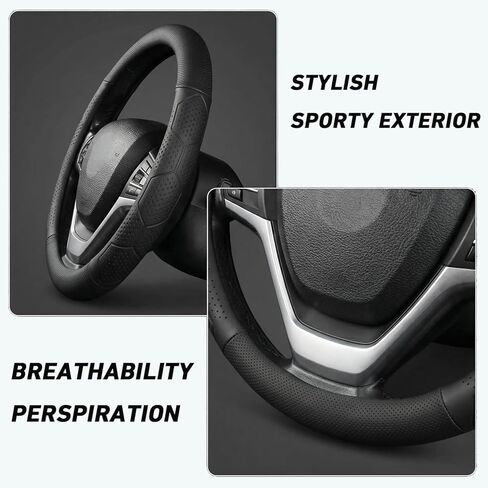 Leather Steering Wheel Cover for Chevy Silverado 1500 2500 3500, for GMC Sierra 1500 2500 3500, for Toyota RAV4 Corolla Camry, for Jeep Wrangler Grand Cherokee Compass, 14.5-15 inch (Black) in Saudi Arabia