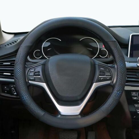 غطاء عجلة القيادة من الجلد لسيارة Chevy Silverado 1500 2500 3500، لسيارة GMC Sierra 1500 2500 3500، لسيارة Toyota RAV4 Corolla Camry، لسيارة Jeep Wrangler Grand Cherokee Compass، 14.5-15 بوصة (أسود) in Kuwait