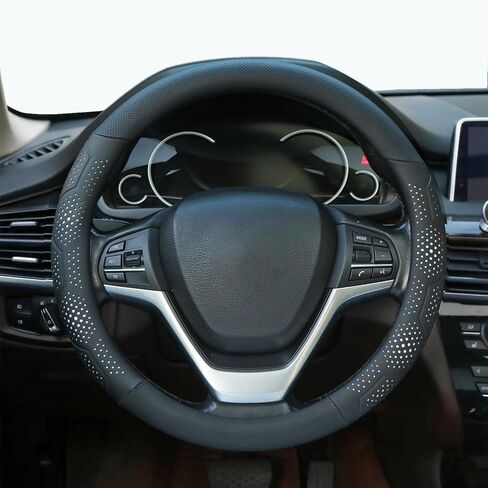 Leather Steering Wheel Cover for Chevy Silverado 1500 2500 3500, for GMC Sierra 1500 2500 3500, for Toyota RAV4 Corolla Camry, for Jeep Wrangler Grand Cherokee Compass, 14.5-15 inch (Black) in Saudi Arabia