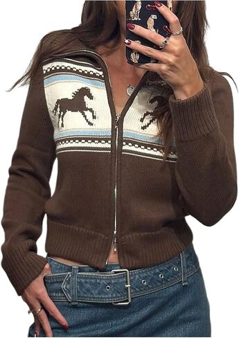 SOLY HUX Women's Zip Up Graphic Cardigan Sweaters Long Sleeve Collared Knit Tops Spring Outerwear in Saudi Arabia