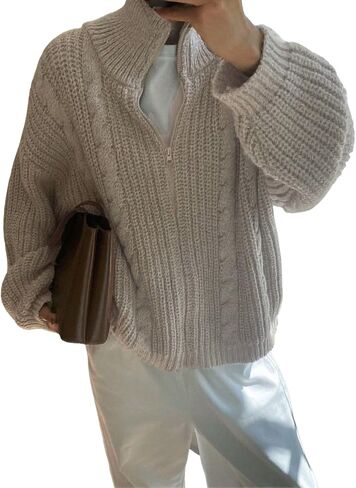 Oversized Chunky Cardigan Sweaters for Women Cable Knit Zipper Collar Warm Fall Cardigan Trendy in Saudi Arabia