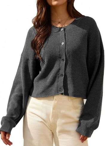 100% Cotton Cropped Button Down Cardigan Sweaters for Women Knit Open Front Crew Neck Oversized Loose Casual Cardigan in Saudi Arabia