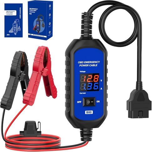 OBD2 Memory Saver Cable, 12V Car Battery Replacement Tool, B80 Emergency Power Supply with Alligator,Digital Voltage Display,Clips, Auto Leakage Detection in Kuwait