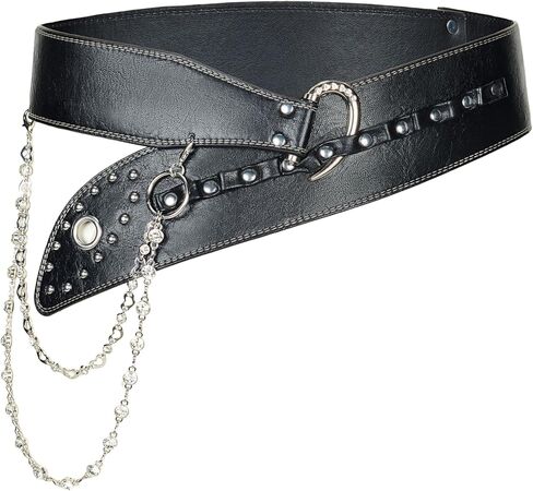 Goth Belt for Women Wide Black Punk Accessory Studded Rivets with Detachable Crystal Waist Chain Rock Rave Emo Style in Saudi Arabia