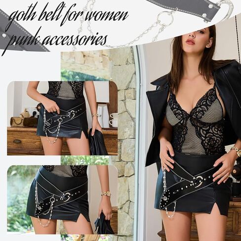 Goth Belt for Women Wide Black Punk Accessory Studded Rivets with Detachable Crystal Waist Chain Rock Rave Emo Style in Saudi Arabia