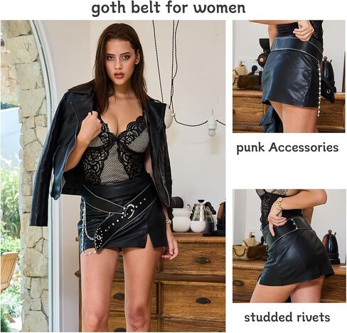 Goth Belt for Women Wide Black Punk Accessory Studded Rivets with Detachable Crystal Waist Chain Rock Rave Emo Style in Saudi Arabia