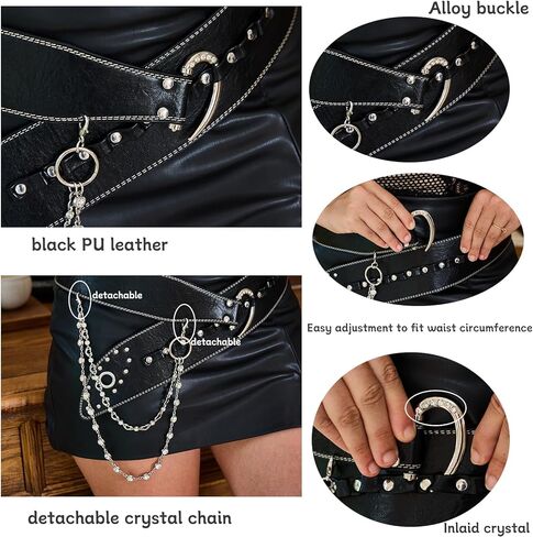 Goth Belt for Women Wide Black Punk Accessory Studded Rivets with Detachable Crystal Waist Chain Rock Rave Emo Style in Saudi Arabia