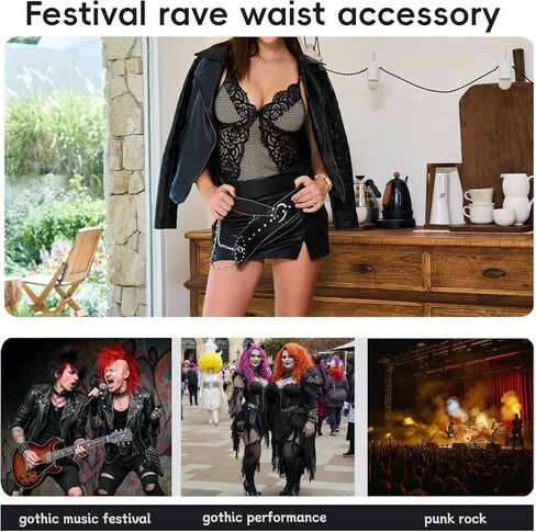 Goth Belt for Women Wide Black Punk Accessory Studded Rivets with Detachable Crystal Waist Chain Rock Rave Emo Style in Saudi Arabia