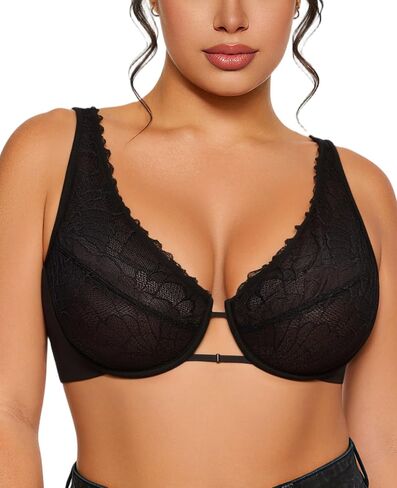 Lace Bra Full Coverage Plunge Unlined Sheer Comfortable Underwire Supportive Bras for Women Plus Size in Saudi Arabia