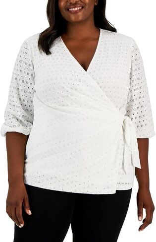 Anne Klein Womens Plus Lace Faux Wrap Wrap Top White 2X in Saudi Arabia