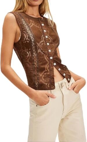 Women Boho Lace Hollow Out Tank Tops Button Down Sleeveless Crew Neck Cardigan Y2k Aesthetic Cropped Eyelet Vest in Kuwait