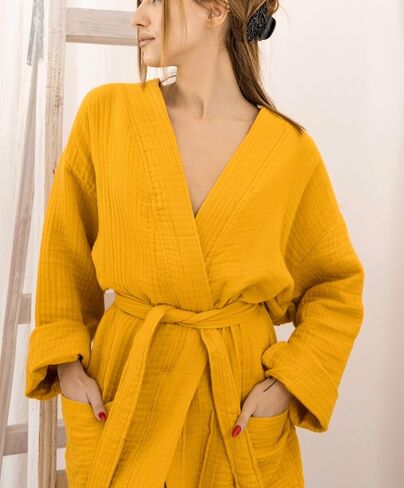 100% Cotton Muslin Kimono Robe for Women, Lightweight Gauze Bathrobe, Soft Breathable Spa Robe in Saudi Arabia