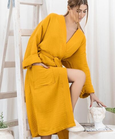 100% Cotton Muslin Kimono Robe for Women, Lightweight Gauze Bathrobe, Soft Breathable Spa Robe in Saudi Arabia